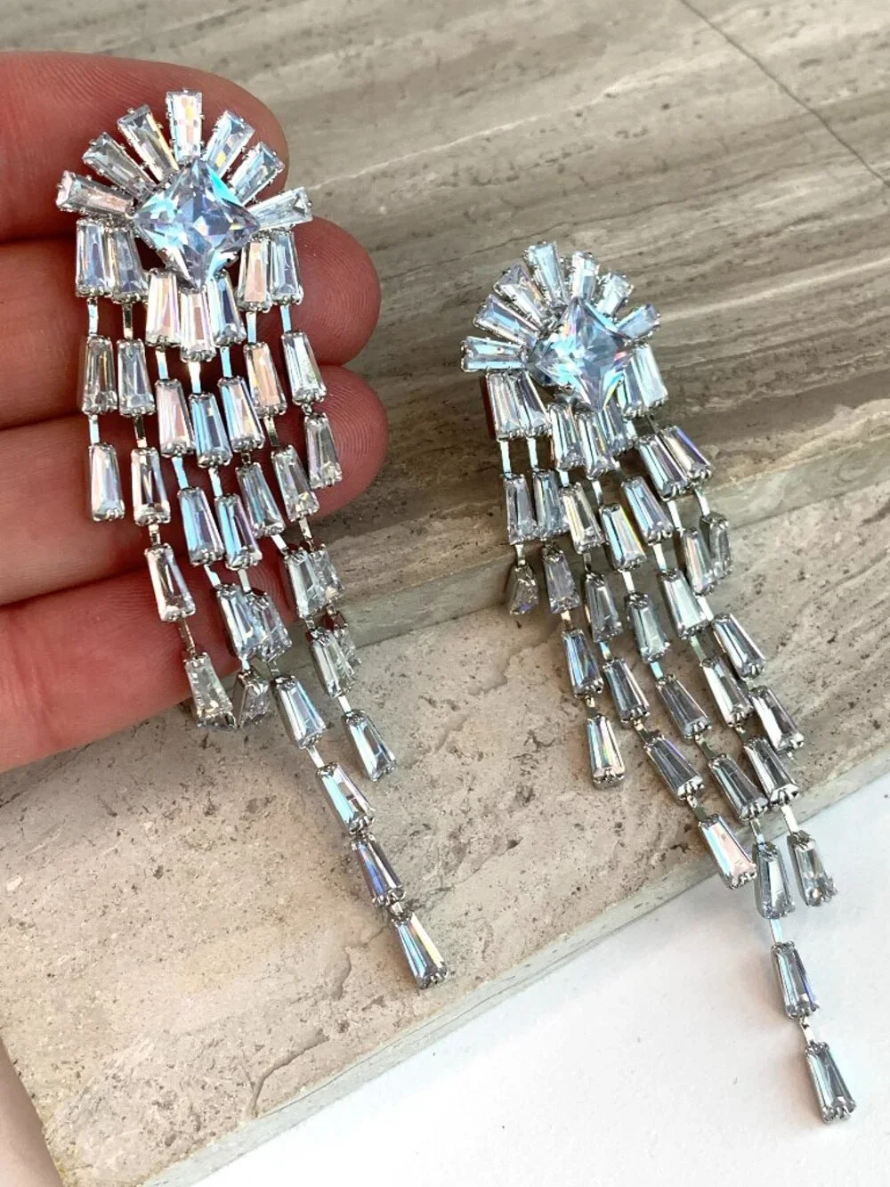 NEW ~ Anthropologie CZ Square & Baguette Long Fringe Glam Earrings